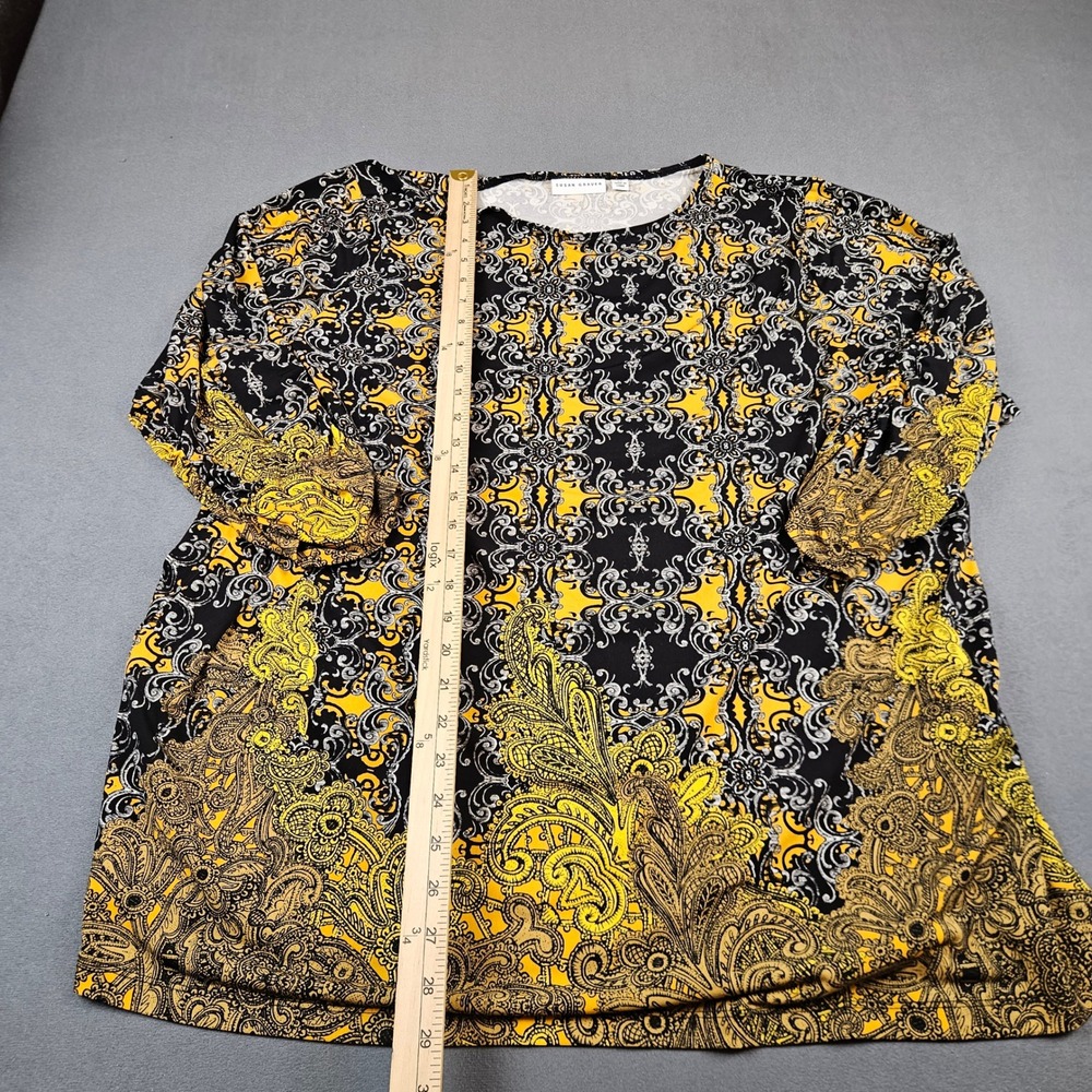 Susan Graver Liquid Knit Tunic Top 2X Black Yellow Paisley Damask 3/4 Sleeve - Picture 3 of 7